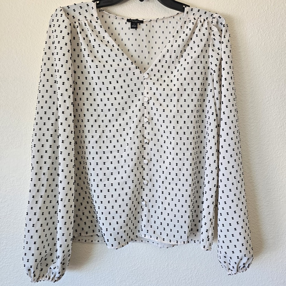 Ann Taylor Factory Women Small Chiffon V-Neck Blouse Top Button Accent Office